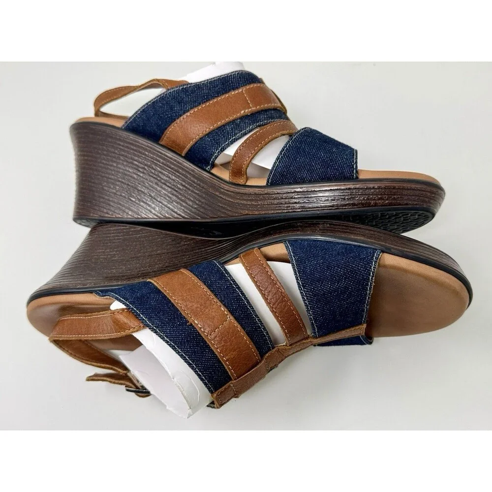 SAS Layla Brie Strappy‎ Denim Jean & Leather Wedge Sandal Shoe Size 10 M